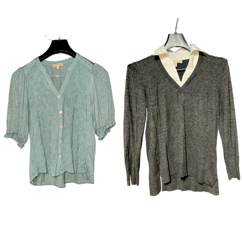 Green Button-Up Blouse and Gray V-Neck Sweater